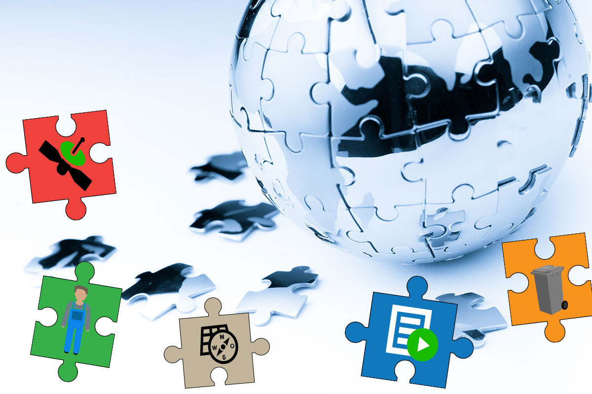 Globus mit Puzzleteilen als Symbol für die GEOCEPT Software-Module