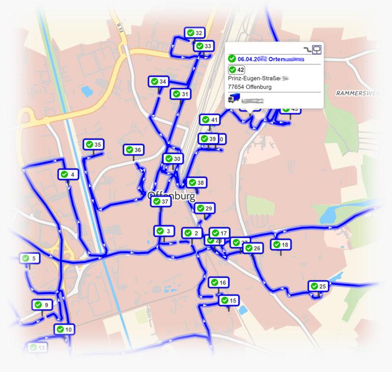 Auftragstour in der Kartenansicht des Webportals