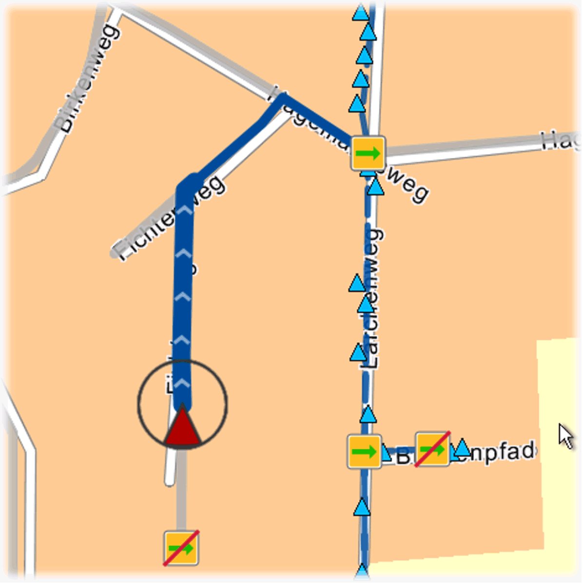 Nachfahr-Navigation mit Fahrspurvorlage in der Karte