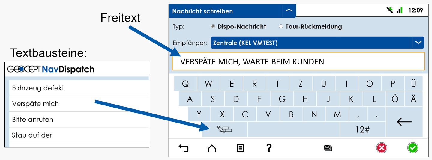 Nachricht mit Textbausteinen in der Fahrer-App schreiben