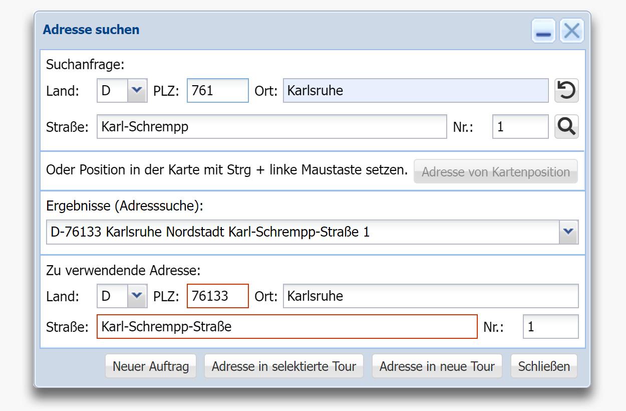 Dialog zur Adress-Suche in der GEOCEPT Software