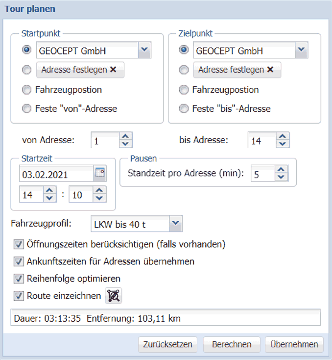 Dialog zur Reihenfolgeoptimierung einer Tour