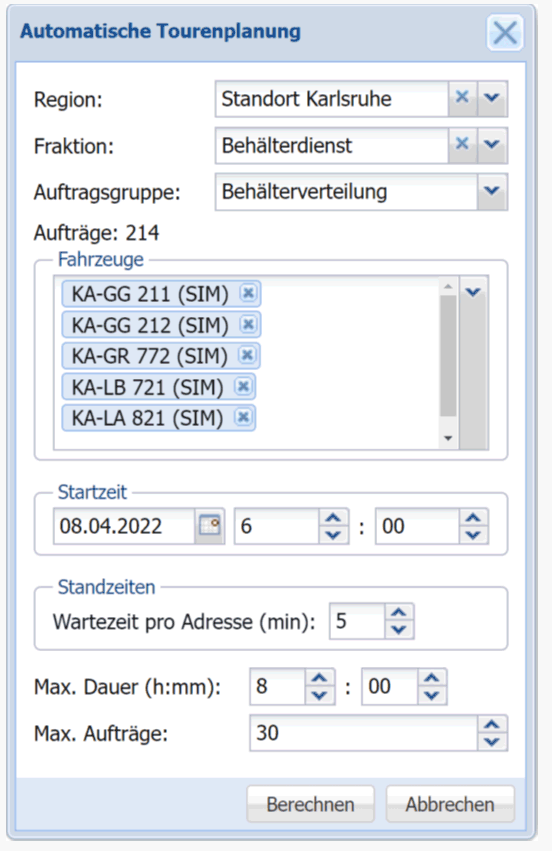 Dialog zum Start der automatischen Tourenplanung