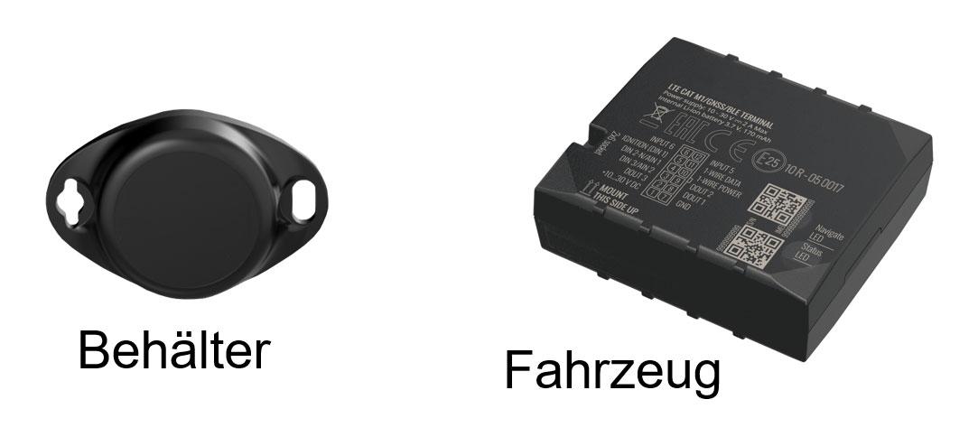 Bluetooth-Chip am Behälter und Tracker im Fahrzeug