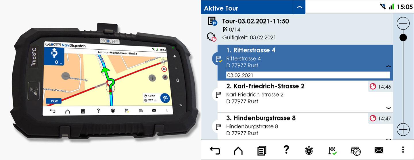 Auftragstour mit Adressliste und Navigation auf dem Tablet